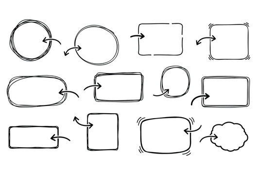 Collection of twelve sketchy hand drawn flowchart elements including various rounded rectangles squares circles and cloud shapes with directional arrows on transparent background