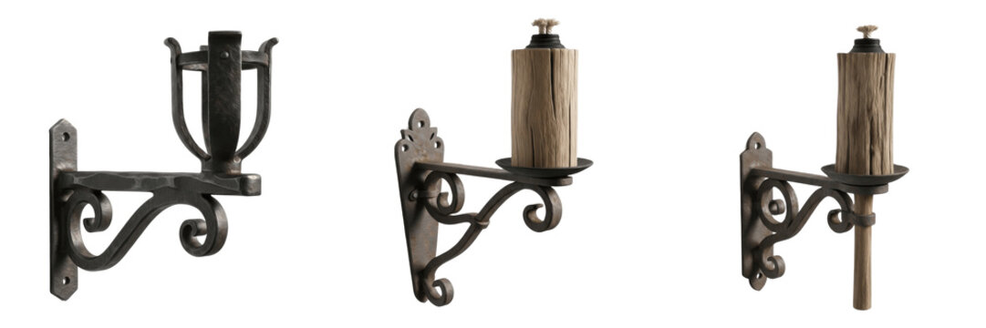 Set and collection of vintage medieval wall torch holders and wrought iron sconces with rustic wooden torches and decorative scrollwork isolated on white transparent png background