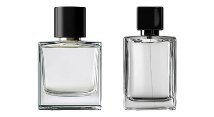 Obraz premium Two clear glass perfume bottles isolated PNG, elegant fragrance containers on transparent background for beauty and cosmetic product mockups
