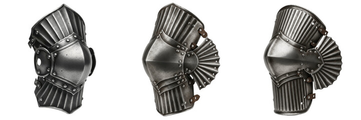 Set and collection of medieval knight plate armor leg guards fluted steel poleyns and knee...