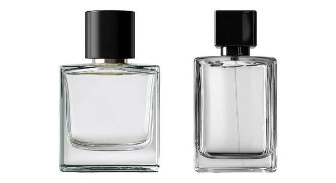 Two clear glass perfume bottles isolated PNG, elegant fragrance containers on transparent background for beauty and cosmetic product mockups