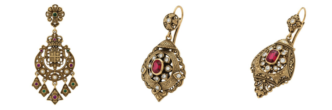 Set and collection of luxury royal golden earrings with ruby emerald and diamond precious gemstones jewelry for queen isolated on white transparent png background