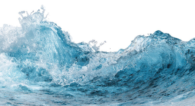 Powerful ocean wave PNG isolated on transparent background, turquoise water curl with foam for surfing and marine themed designs