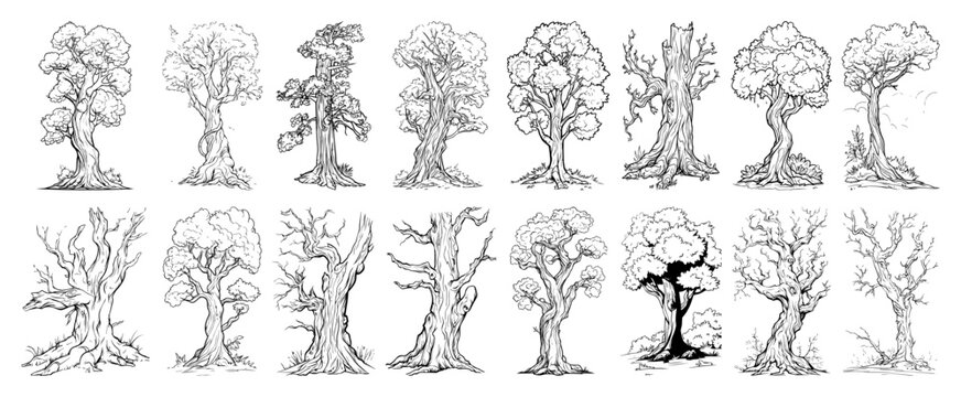 Hand drawn tree vector sketch set Detailed illustrations of old and fantasy trees for nature design