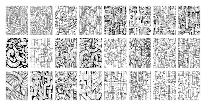 Abstract steampunk pipe patterns vector set Collection of hand drawn industrial and mechanical backgrounds