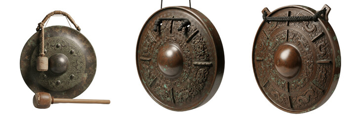 Set and collection of ancient bronze gongs and traditional ornate percussion instruments with...
