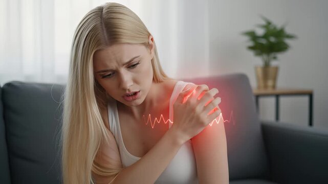 Stressed young blonde woman suffering from severe, acute shoulder joint pain and inflammation while sitting on a couch at home, visualized with a red glowing cardiogram effect.