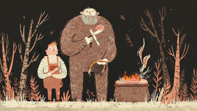 Whimsical Illustration of Folk Tale Characters: Giant and Child Cooking by Fireplace in Forest Setting with Playful Art and Cartoon Style