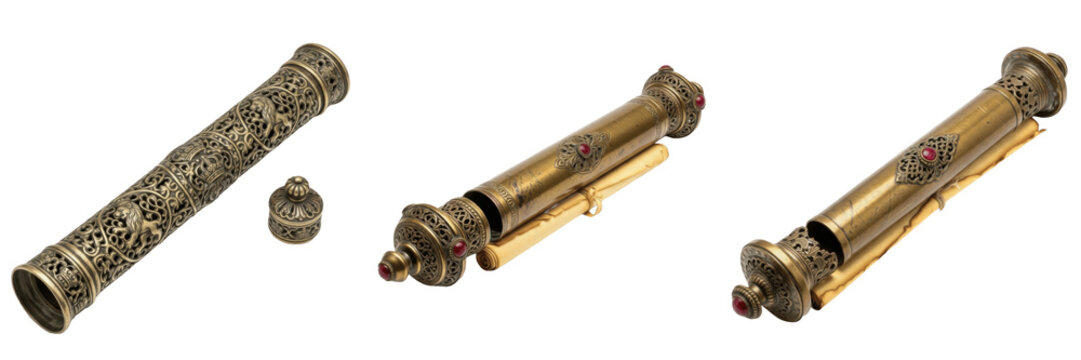 Set and collection of antique brass scroll cases and ornate vintage map tubes with ruby accents isolated on white transparent png background