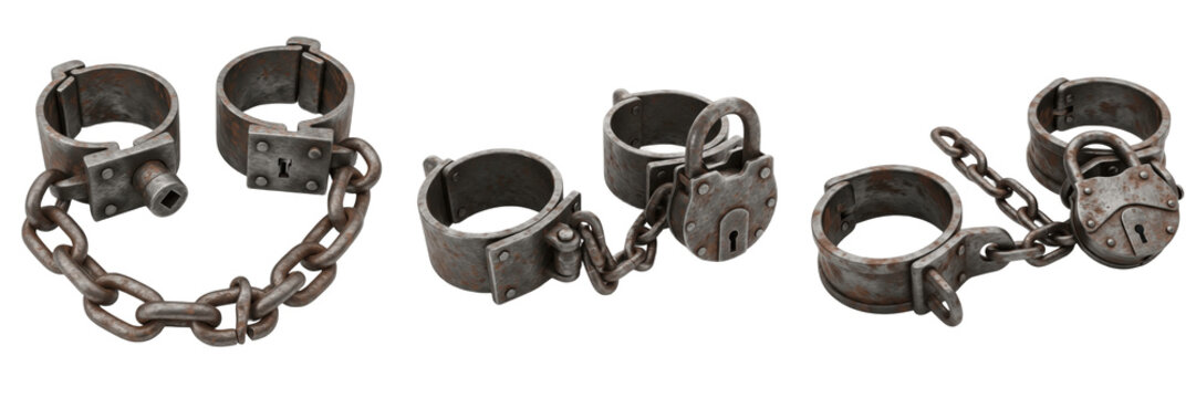 Set and collection of old rusty iron handcuffs and medieval prisoner shackles with heavy chains isolated on white transparent png background