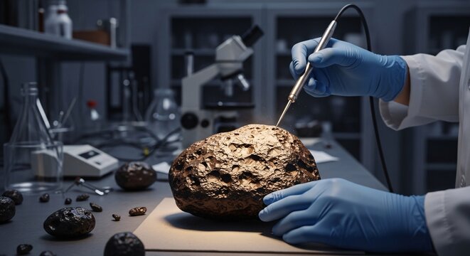 Scientist examining a meteor in laboratory.