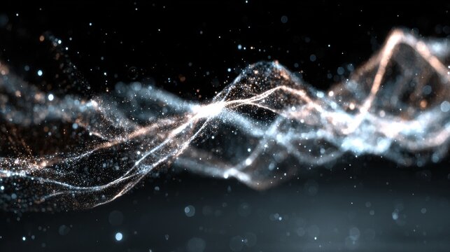 Glowing light particles forming abstract wave patterns in darkness