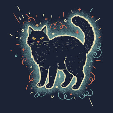 Hand drawn black cat with decorative swirls and stars in a retro sketch style