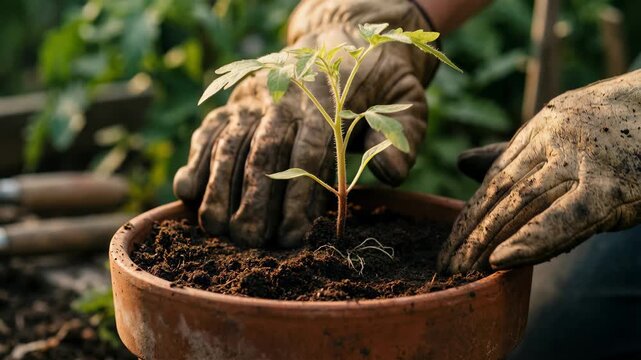 Close-up of gardener's gloved hands gently planting a small, delicate tomato seedling into rich, dark soil in a terracotta pot outdoors during golden hour.