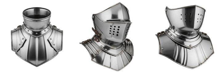 Set and collection of medieval knight silver steel gorget and neck armor plate with helmet visor...