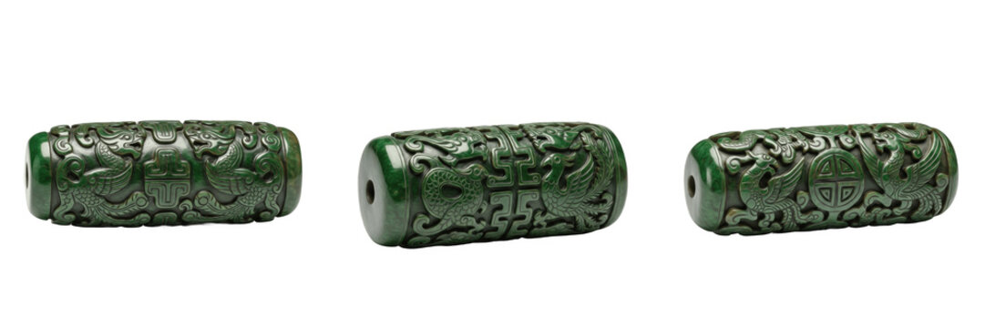 Set and collection of ancient chinese green jade cylindrical beads with ornate dragon carvings and patterns isolated on white transparent png background
