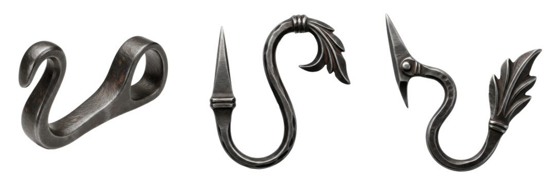 Set and collection of vintage wrought iron hooks with ornate scroll and leaf decorative designs isolated on white transparent png background
