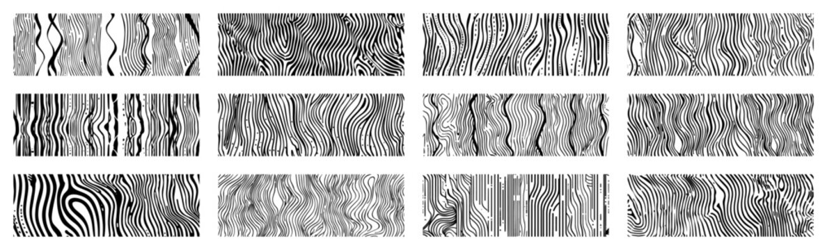 Hand drawn abstract wavy line textures vector set Collection of organic wood grain style backgrounds