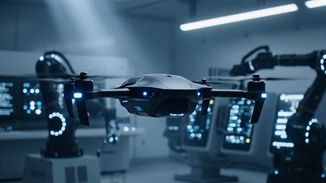 Robotic arms assembling a drone.