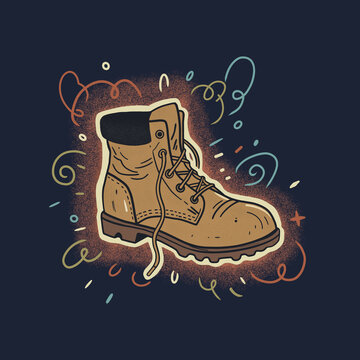 Hand drawn tan work boot with colorful doodle swirls and glowing grainy background