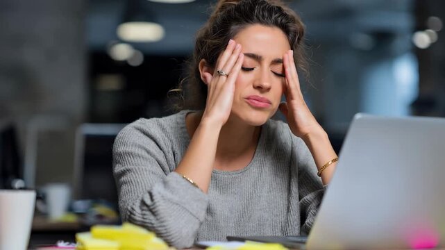 Businesswoman experiences stress while working in a modern office filled with colorful sticky notes and busy surroundings