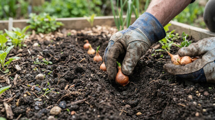 Fototapeta premium Hands planting onion bulbs in garden soil with gloves on close-up. Planting includes careful placement of onion bulbs in prepared soil.