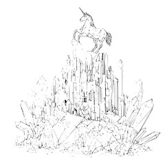 Fototapeta premium Unicorn Sitting on Crystal Castle in Fantasy Landscape