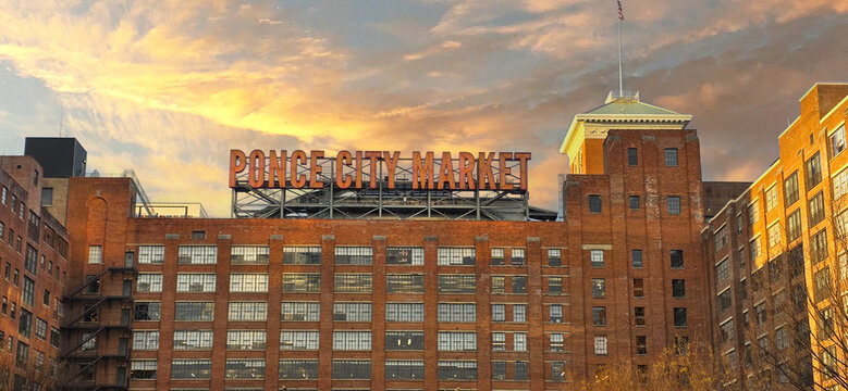 Main entrance sign at Ponce City Market in Atlanta, Georgia. The historic brick building and iconic market sign represent a popular destination for shopping, dining, and tourism in the Old Fourth Ward
