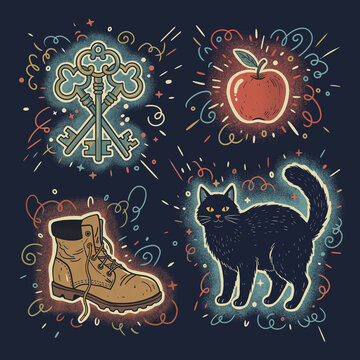 Hand-painted whimsical illustration featuring a cute black cat, red apple, ornate antique key, and tan hiking boot surrounded by colorful magical swirls and sparkles on deep navy background