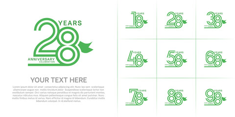 Fototapeta premium Anniversary logo style double line number set with ribbon. green color on white background for celebration event