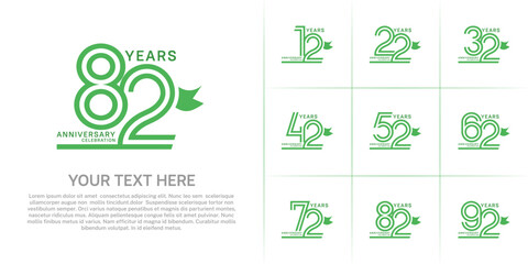 Fototapeta premium Anniversary logo style double line number set with ribbon. green color on white background for celebration event