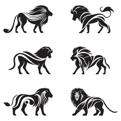 Collection of lion tattoo art vector illustrations featuring king of jungle in majestic poses with flowing black mane silhouettes for branding and decorative design elements on white surface © Peerlessgraph