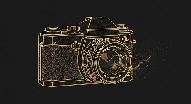 Gold line art of a vintage film camera with swirling smoke on a dark background