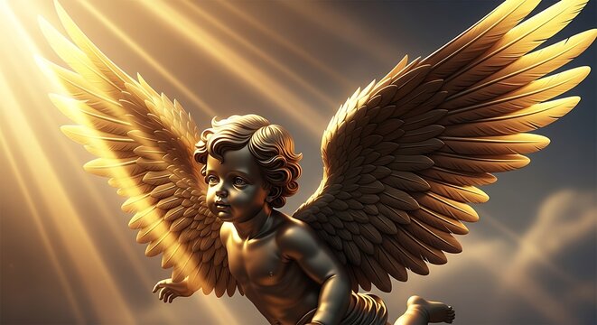Golden cherub with large wings ascends into sunlit rays, heavenly and divine
