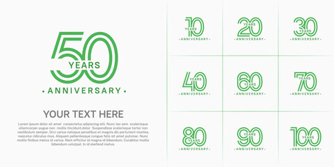 Fototapeta premium Anniversary logo style double line number set. green color on white background for celebration event