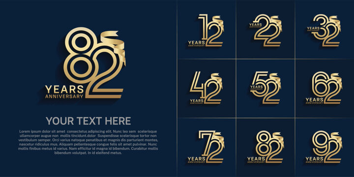 Anniversary logo style double line number set. gold color and ribbon for celebration event