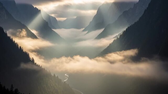 dramatic mountain landscape with sunbeams piercing through clouds