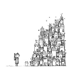 Fototapeta premium Lonely Cat Looking at Large Cartoon Cityscape