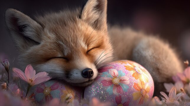 Fox cub's delightful easter egg surprise encounter. Cyber awareness. Joyful fox cub in dreamy easter landscape with sparkling egg. Digital consciousness. Mechanical being.