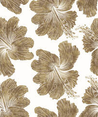Seamless Gold Textured Hibiscus Floral Pattern on White Background © Santiago