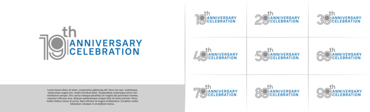 Anniversary logo type set with double line number. grey and blue color for celebration event