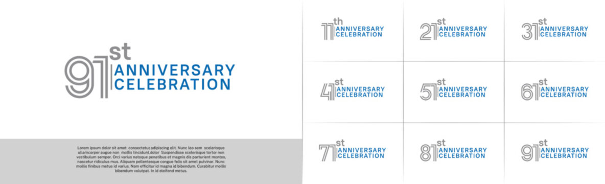 Anniversary logo type set with double line number. grey and blue color for celebration event