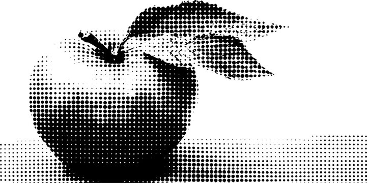 Black and white halftone illustration of apple fruit with leaf - vintage design for art and decor