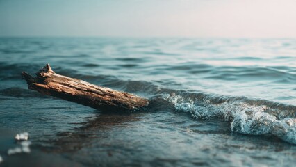 Driftwood on Sandy Beach with Gentle Ocean Waves at Golden Hour