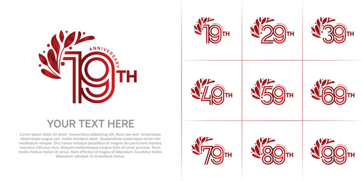 Anniversary logo type set with double line number and floral ornament. red color for celebration event