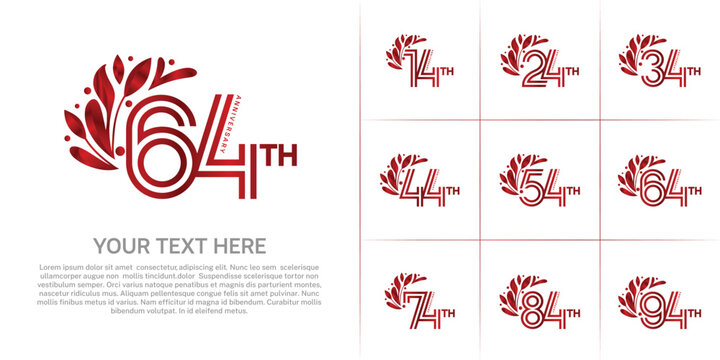 Anniversary logo type set with double line number and floral ornament. red color for celebration event