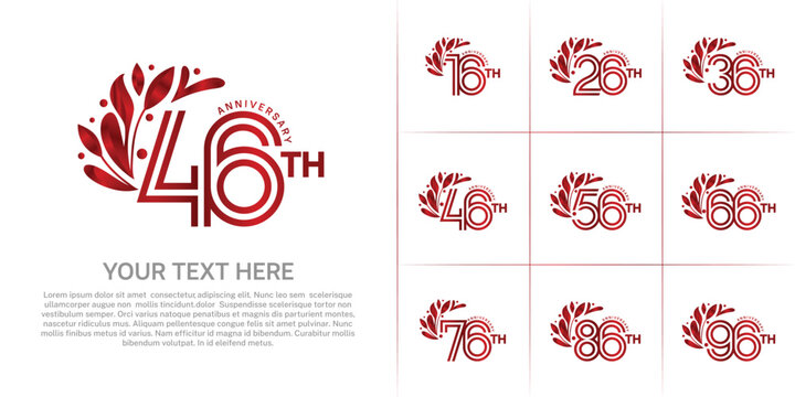Anniversary logo type set with double line number and floral ornament. red color for celebration event