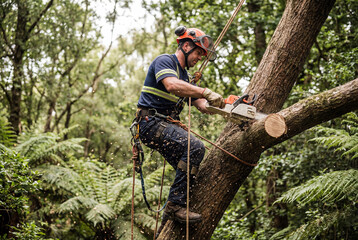 Naklejka premium Male arborist wearing safety gear cuts a thick tree branch with a chainsaw high in a tree