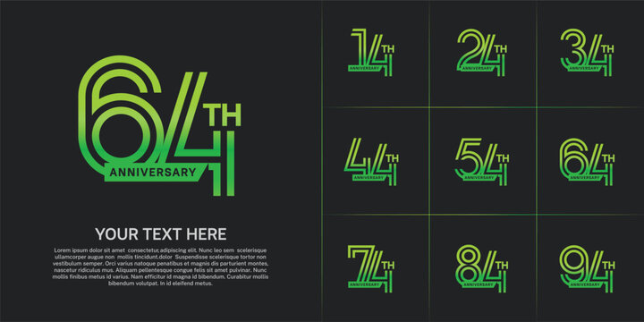 Anniversary logo type set with double line number. green color with ribbon for celebration event