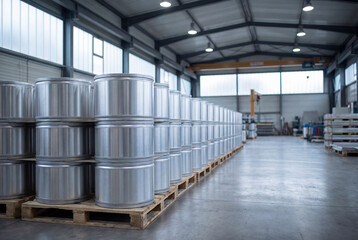 Obraz premium Rows of large aluminum coils stored in an industrial warehouse